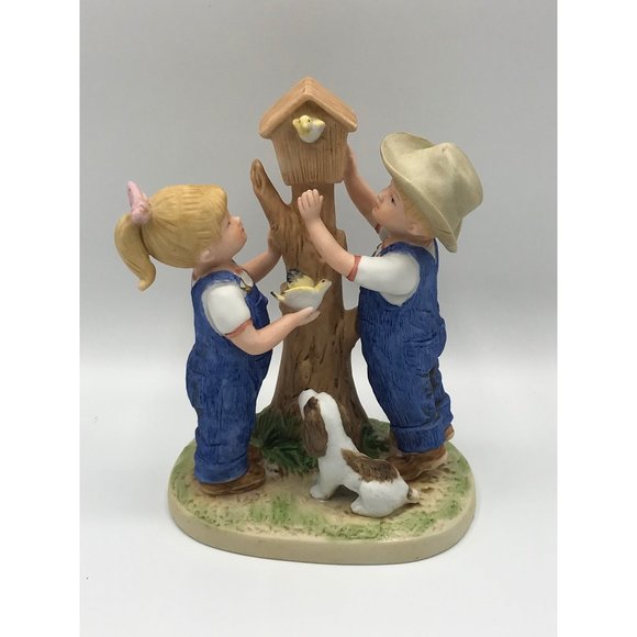 Vintage Homco 1985 Denim Days 8888 figurine Our Birdhouse Debbie & Danny - Picture 1 of 8